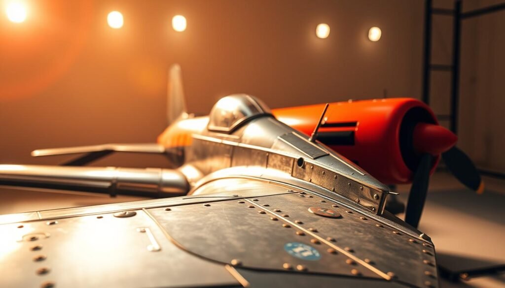 A detailed and vibrant airplane in a warm, soft-focus studio setting. The foreground showcases the aircraft's intricate panel lines, rivet patterns, and weathered metal textures. The middle ground features the fuselage, wings, and control surfaces with highlights on the fluid aerodynamic forms. In the background, a diffused lighting setup casts gentle shadows, creating depth and emphasizing the three-dimensional nature of the subject. The overall mood is one of technical precision and artistic exploration, inviting the viewer to closely examine the beauty of aviation engineering.
