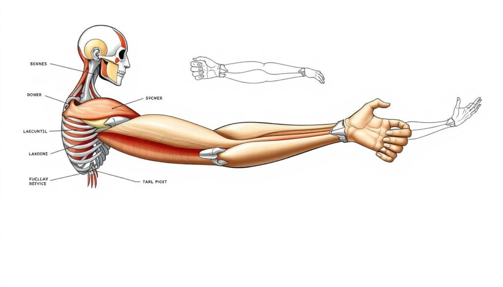 A detailed arm anatomy tutorial illustration in a clean, minimalist style. The foreground features the inner workings of the arm, with clear labels highlighting the major muscle groups, bones, and joints. The middle ground showcases a simple, line-drawn outline of the arm in different positions, emphasizing proportions and range of motion. The background is a soft, muted tone, allowing the anatomical details to take center stage. Bright, even lighting from the side creates crisp shadows and highlights the contours. The overall mood is educational, informative, and visually engaging, designed to help artists understand the fundamentals of drawing realistic arms.