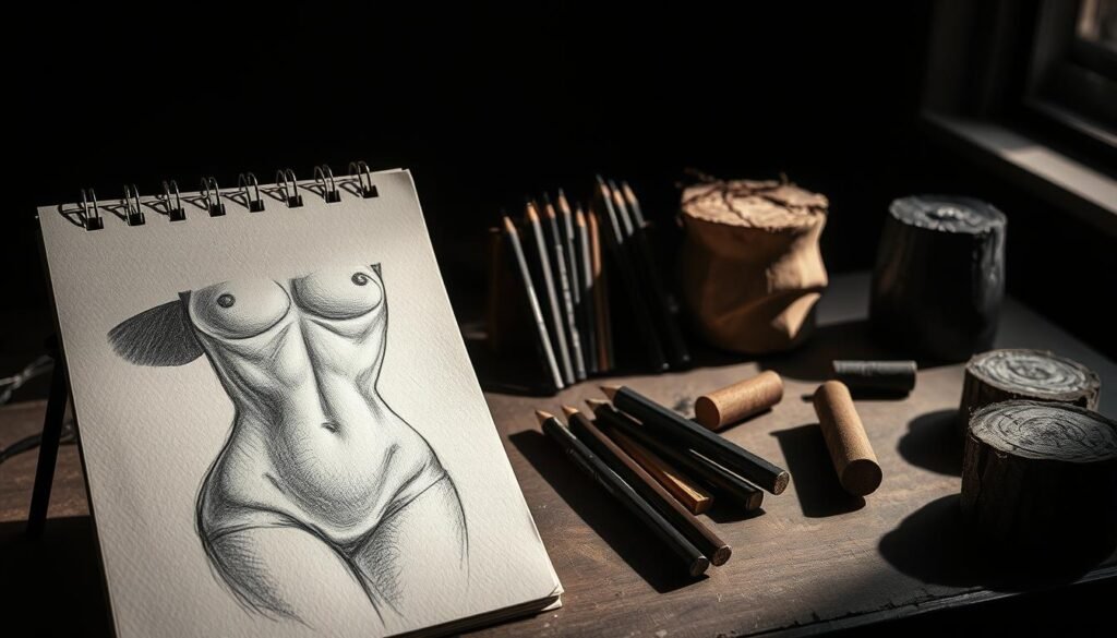 A detailed, artistic still life showcasing various drawing techniques and materials. In the foreground, a sketchpad displays a partially completed female torso, with intricate shading and highlights capturing the form's contours and shadows. In the middle ground, an array of drawing implements - graphite pencils, charcoal sticks, and stumps - are arranged, each casting unique shadows. The background features a dimly lit studio setting, with strong directional lighting casting dramatic shadows across the scene, emphasizing the depth and volume of the objects. The overall mood is pensive and contemplative, inviting the viewer to explore the nuances of rendering the human form through shadow and light.