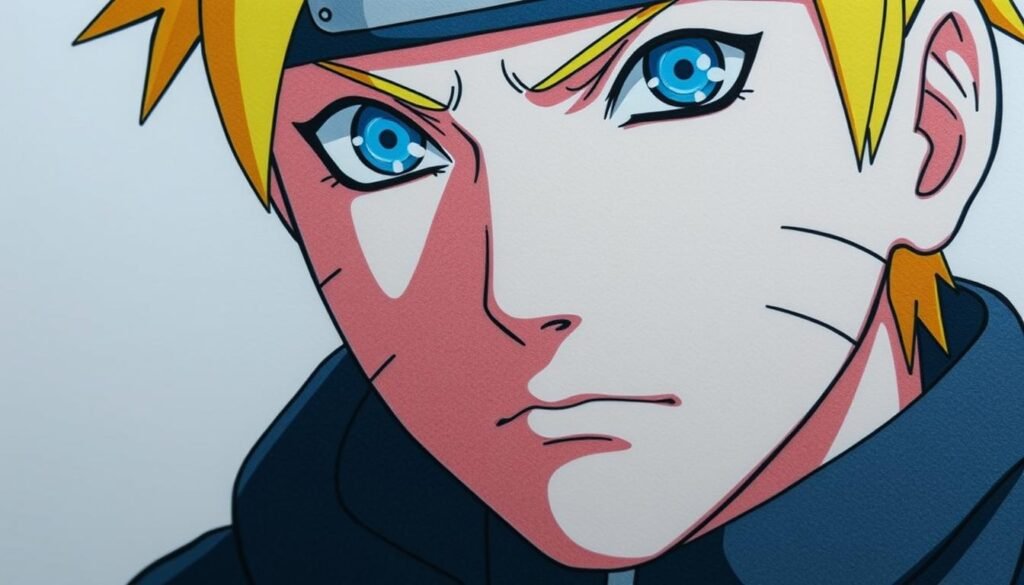 A detailed close-up of Naruto's facial features, rendered in a crisp, realistic style. The subject is depicted with precision, showcasing the character's distinctive elements - piercing blue eyes, distinctive whisker-like markings on the cheeks, and a determined expression. Subtle lighting from the left side casts soft shadows, accentuating the contours and details. The angle is slightly elevated, creating a sense of focus and emphasis on the key facial features. The overall mood is one of careful study and attention to detail, suitable for an instructional tutorial on drawing this iconic anime character.