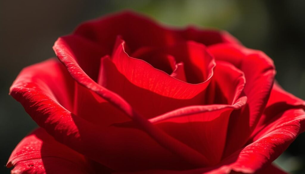 A detailed close-up of a vibrant red rose, with a focus on the intricate shading and textures. The petals are illuminated by soft, diffused natural lighting, casting subtle shadows that accentuate the delicate, layered structure. The image is captured with a macro lens, providing a high level of detail and clarity. The background is blurred and hazy, keeping the attention on the rose's captivating form and the mastery of shading techniques. The overall mood is one of refined elegance and artistic exploration, showcasing the beauty and complexity of this iconic floral subject.