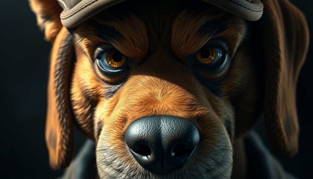 A detailed close-up portrait of Dog Man, rendered in a realistic, highly-detailed style. The face is the central focus, with intricate textures and shading capturing every nuance of the features - the expressive eyes, the distinctive snout, the furrowed brow. The character is wearing his signature cap, the fabric folds and creases meticulously depicted. Lighting is dramatic, with strong directional illumination casting deep shadows that accentuate the contours. The overall mood is one of intensity and personality, showcasing the unique character of Dog Man in vivid, lifelike detail.