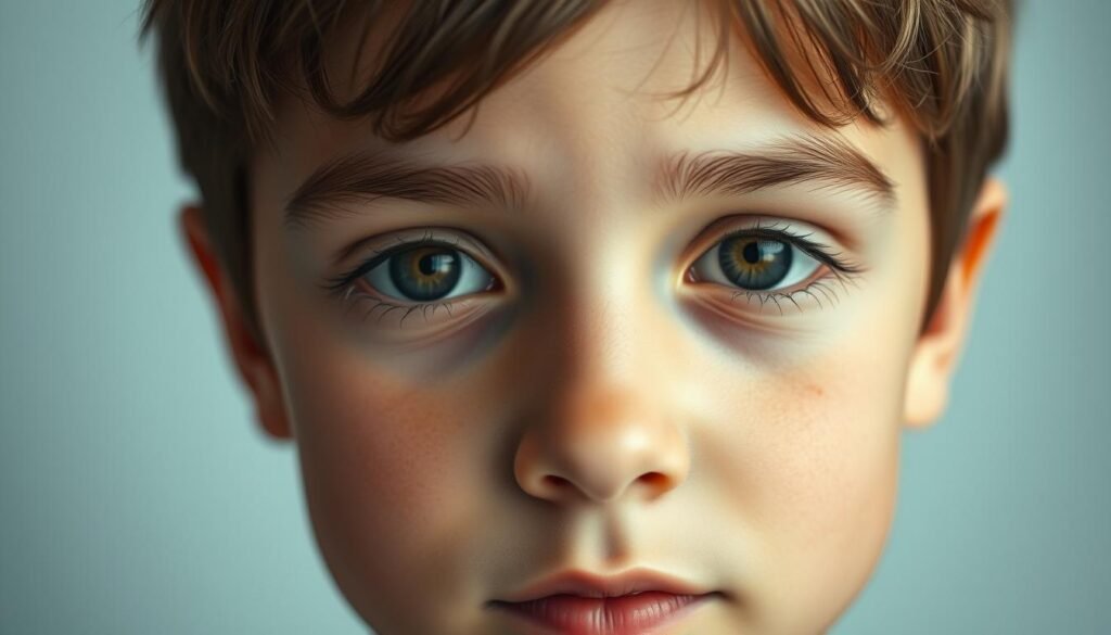 A detailed, close-up portrait of a young boy's face, with an emphasis on the refined features. Soft, diffused lighting illuminates the boy's delicate skin, highlighting the contours of his face. The eyes are wide and expressive, the brows carefully shaped, the nose defined, and the lips full and slightly parted. The hair is neatly styled, with individual strands visible. The composition is tightly framed, focusing the viewer's attention on the intricate details of the facial features. A serene, contemplative mood permeates the image, conveying the subject's youthful innocence and inner complexity.