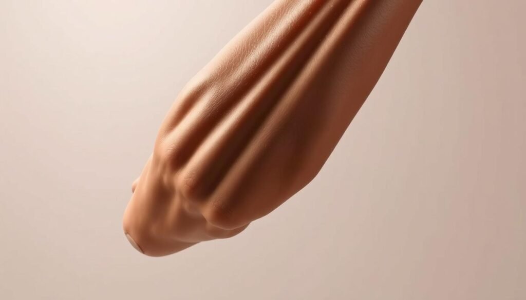A detailed close-up study of a human arm, showcasing the principles of foreshortening. The forearm is prominently positioned, slightly angled and tilted toward the viewer, creating a sense of depth and volume. Soft, directional lighting from the upper left illuminates the form, accentuating the contours and highlights of the muscular structure. The background is a minimalist studio setting, with neutral tones that allow the arm to be the sole focus of attention. Subtle shadows and gradients enhance the three-dimensional appearance, guiding the viewer's eye through the dynamic composition.