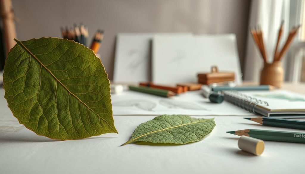 A detailed close-up study of leaf drawing fundamental techniques. The foreground features a realistic leaf in various stages of rendering, showcasing essential techniques such as contour lines, shading, and highlighting. The middle ground displays a collection of pencils, erasers, and a sketchpad, suggesting the tools and process of leaf illustration. The background is a muted, softly-focused studio setting with gentle natural lighting, creating a serene, instructional atmosphere. Rendered with a warm, earthy color palette and a focus on textures, tones, and fine details to truly capture the essence of leaf drawing fundamentals.