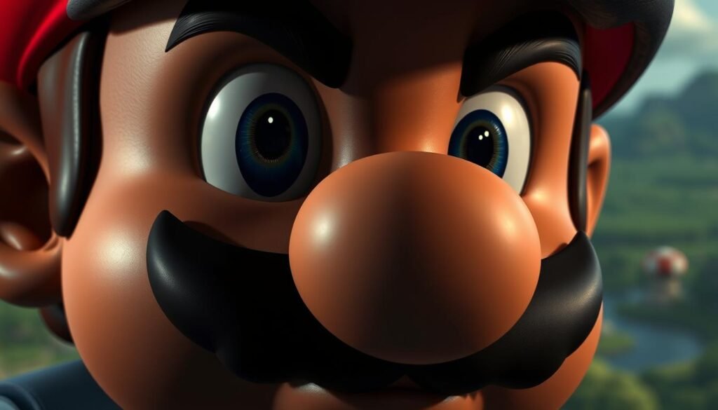 A detailed, close-up view of Mario's face, masterfully rendered with intricate shading techniques. The lighting is dramatic, casting deep shadows and highlights across the iconic features - his expressive brows, rosy cheeks, and meticulously shaded mustache. The skin texture appears lifelike, with subtle pores and a slight sheen. In the background, a blurred landscape suggests the Mushroom Kingdom, hinting at the character's adventurous spirit. The overall mood is one of intensity and thoughtful contemplation, inviting the viewer to study the nuances of this beloved gaming icon.