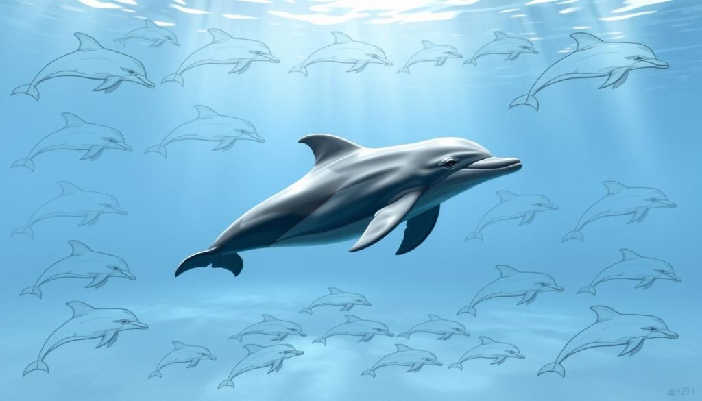 A detailed comparison of various dolphin drawing techniques, showcased in a cohesive layout. The foreground features a centrally-positioned dolphin in a dynamic swimming pose, rendered with precise anatomical details and smooth, flowing lines. The middle ground presents an array of sketches and studies, demonstrating different approaches to capturing the dolphin's form, proportion, and movement. The background showcases a serene, underwater environment with subtle lighting and a sense of depth, complementing the subject matter. The overall composition is visually engaging and informative, designed to guide the viewer through the process of learning to draw a dolphin.