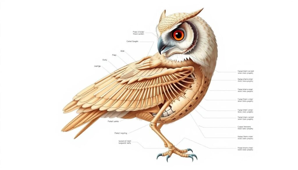 A detailed, cross-sectional diagram of an owl's anatomy, showcasing the intricate proportions and structures of its skeletal and muscular systems. The image should be rendered in a clean, technical illustration style using a neutral color palette, with a white background to highlight the anatomical details. Capture the key features such as the large eyes, sharp beak, flexible neck, strong talons, and compact body shape that are characteristic of owls. Utilize precise lighting to accentuate the three-dimensional form and create a sense of depth. The overall composition should be balanced and informative, providing a comprehensive visual guide to understanding the unique physiology of these remarkable birds of prey.