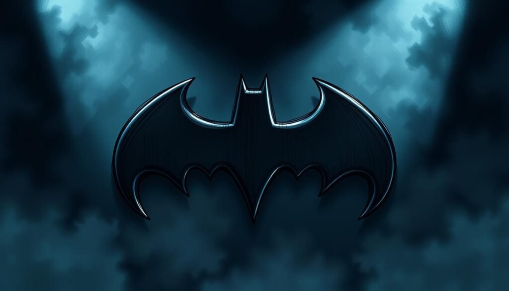 A detailed, hand-drawn illustration of a classic Batman logo or bat symbol, showcased against a moody, atmospheric backdrop. The symbol is rendered with bold, confident strokes, capturing the iconic design's sharp, angular lines and powerful silhouette. The illustration is illuminated by a dramatic, high-contrast lighting setup, with shadows and highlights that accentuate the symbol's depth and dimensionality. The overall scene conveys a sense of mystery, drama, and the dark, brooding essence of the Batman mythos.