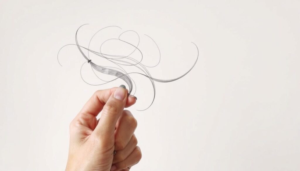 A detailed illustration showcasing the "ribbon technique" for drawing expressive hair. In the foreground, a hand delicately renders wispy locks using fluid, ribbon-like strokes against a neutral background. The hair flows organically, capturing the essence of the technique's graceful, simplified forms. Subtle lighting from the side adds depth and dimension, highlighting the dimensional quality of the strands. The overall mood is serene and contemplative, inviting the viewer to explore the artistry of this effective hair-drawing method.