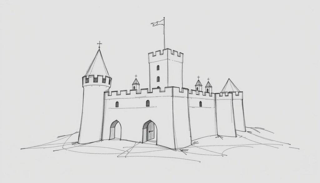 A detailed pencil sketch of a castle's architectural foundations, with clean lines outlining the basic shapes and structural elements. The drawing is set against a bright, evenly lit backdrop, capturing the essential outlines and proportions without distracting details. The perspective is slightly elevated, providing a clear view of the castle's overall layout, including the main keep, curtain walls, towers, and other key components. The mood is focused and technical, emphasizing the importance of establishing a solid foundation for the castle's design.