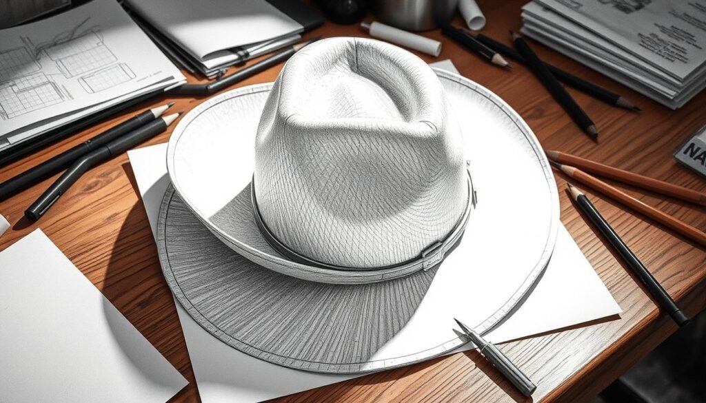 A detailed pencil sketch of a cowboy hat, positioned on a wooden surface, with shadows and highlights accentuating its textural details. The hat rests on a cluttered desk, surrounded by various drawing tools and scattered papers, creating an atmosphere of a creative workspace engaged in the troubleshooting process. The lighting is soft and directional, casting subtle shadows that enhance the hat's form and sheen. The overall tone is one of focused attention, with the hat serving as the central subject of the study, inviting the viewer to explore the nuances of its construction and rendering.