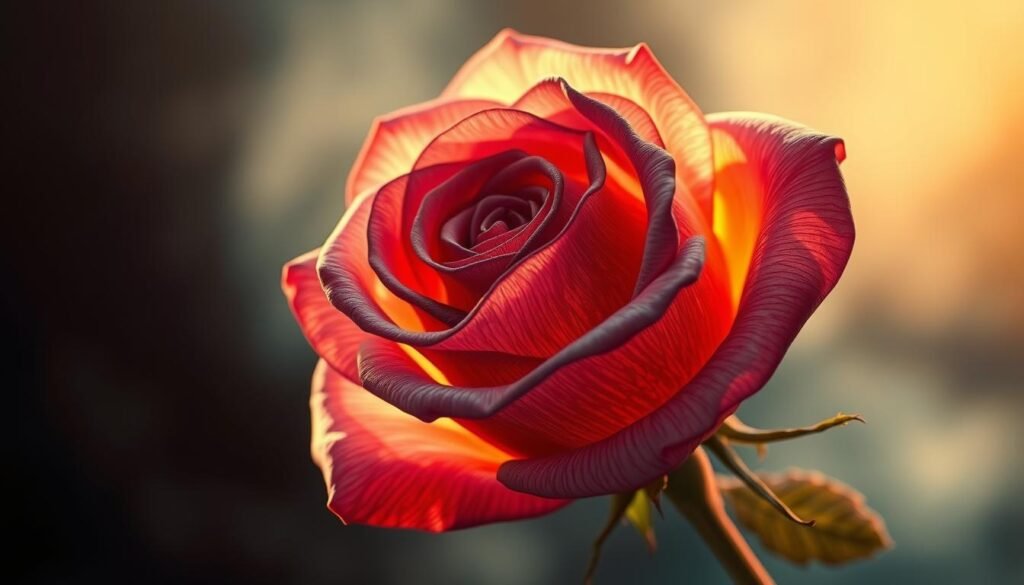 A detailed, photorealistic drawing of a blooming rose with advanced techniques, illuminated by soft, warm lighting from the side, capturing its intricate petals, delicate veins, and velvety texture. The rose is the central focus, set against a blurred, atmospheric background, with a shallow depth of field to emphasize the intricate details. The drawing showcases a mastery of shading, line work, and color blending, creating a sense of depth and realism. The overall mood is one of elegance, sophistication, and artistic refinement.