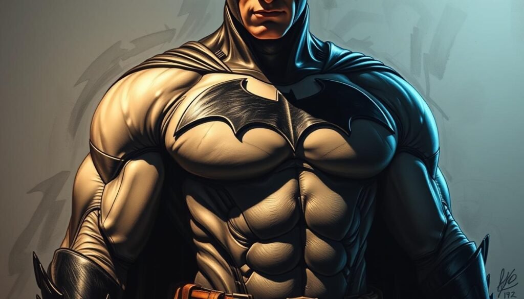 A detailed, realistic drawing of Batman's upper body, showcasing his muscular chest, arms, and the intricate design of his iconic bat-suit. The subject is illuminated by a dramatic chiaroscuro lighting, casting bold shadows and highlights that accentuate the hero's powerful physique and the textural elements of his costume. The composition is framed from a slightly low angle, emphasizing the imposing, heroic presence of the Dark Knight. The atmosphere is one of strength, determination, and the essence of the Batman character.