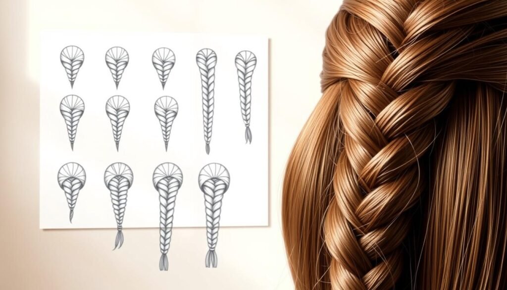 A detailed, realistic illustration depicting several tips for drawing braided hairstyles. In the foreground, a close-up view of a neatly braided lock of hair, showcasing the intricate weaving pattern and realistic textures. In the middle ground, a set of step-by-step sketch guides demonstrating various braid styles and techniques, such as French, fishtail, and Dutch braids. The background features a softly blurred, neutral studio setting with natural lighting, allowing the focal points to stand out. The overall mood is educational and informative, guiding the viewer on how to achieve visually striking, true-to-life braid illustrations.