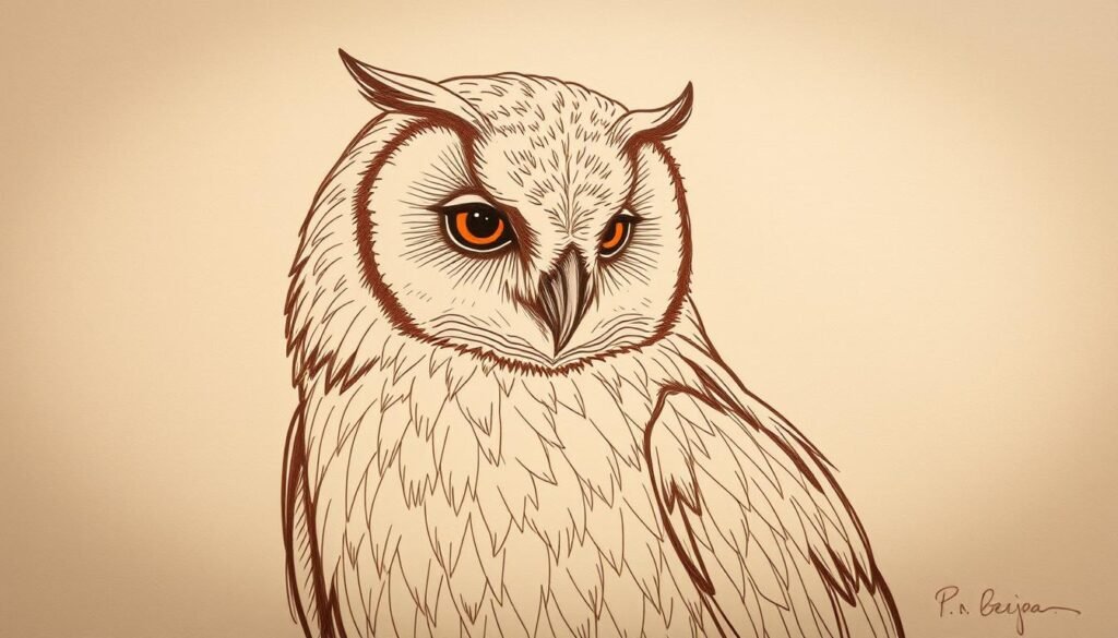 A detailed, refined owl sketch with graceful curved lines, delicate textural details, and a sense of depth and dimension. Rendered in a warm, earthy color palette with soft, directional lighting that accentuates the form and structure of the bird. The owl's gaze is contemplative, its expression serene and thoughtful. The background is subtly blurred, allowing the focal point to be the intricate, hand-drawn quality of the owl itself, showcasing the artist's technical skill and careful observation.