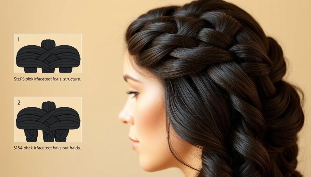 A detailed rendering of braid block-in techniques, showcasing the fundamental steps for laying out the braid structure. Crisp, photographic-style image of a female model's head and shoulders, with lush, dark hair styled into a partially completed braid. The foreground highlights the intricate weaving patterns and techniques, while the middle ground reveals the overall braid shape and volume. The background is softly blurred, keeping the focus on the technical process. Warm, natural lighting casts a gentle glow, accentuating the hair's texture and flow. The composition is balanced, with the model's face partially visible, conveying a sense of serene concentration. Technical precision and visual clarity are the key elements of this instructional illustration.