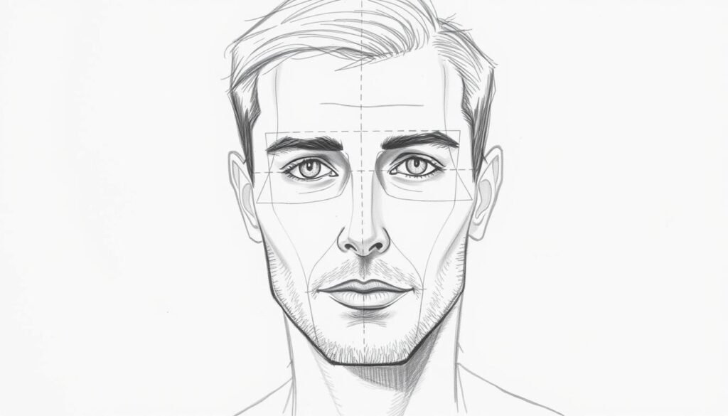 A detailed sketch of a male face, showcasing the construction of facial guidelines. Visible are faint lines outlining the head shape, central axis, eye positions, and other key proportions. The sketch is rendered in a clean, technical style using a dark pencil or charcoal, with a sense of depth and dimension. The lighting is soft and diffused, creating subtle shadows that accentuate the facial features. The angle is a classic three-quarter view, allowing for a balanced composition that highlights the guidelines. The overall mood is one of instructional clarity, inviting the viewer to study the foundations of portrait drawing.