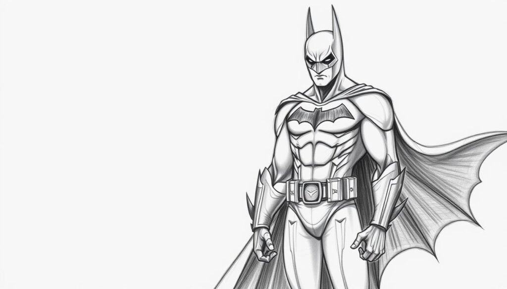 A detailed sketch of the basic structure of Batman, rendered in a realistic, graphite-like style. The character is shown in a simple, frontal pose, with a focus on the key anatomical features and iconic silhouette. The background is a clean, minimalist space, allowing the sketch to be the central focus. Subtle shadows and highlights add depth and form to the drawing, capturing the essence of the Caped Crusader's powerful physique and brooding expression. The overall tone is serious and contemplative, reflecting the character's gritty, heroic nature.