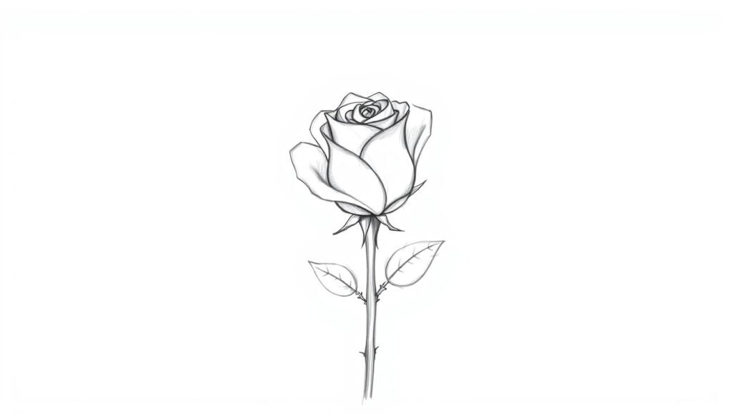 A detailed sketch of the essential shapes and structure that form the foundation of a classic rose. Centered in the frame, the rose is depicted in simple, geometric forms - a rounded bud, overlapping petals, and a thorny stem. The shapes are rendered in a monochromatic palette, emphasizing the underlying skeletal framework. Rendered with a soft, pencil-like texture against a clean, neutral background, the image conveys a sense of study and understanding, perfect for guiding viewers through the basic anatomy of this iconic flower.