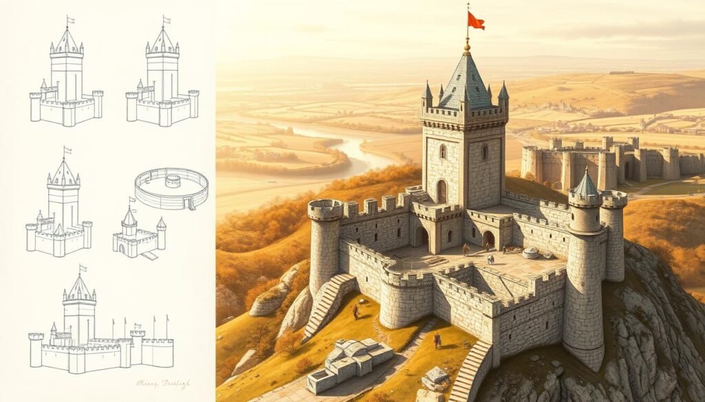 A detailed step-by-step castle drawing tutorial, showcasing the construction of a majestic medieval fortress. The foreground depicts a series of architectural sketches, from basic shapes to intricate tower designs. The middle ground features a partially completed castle, with workers meticulously crafting the stone walls and ramparts. In the background, a panoramic landscape unfolds, including rolling hills, a winding river, and a distant skyline of similar fortified structures. The scene is illuminated by a warm, golden light, creating a sense of timelessness and artistic mastery. The overall composition guides the viewer through the process of castle construction, inspiring creativity and a deeper appreciation for the architectural wonders of the past.
