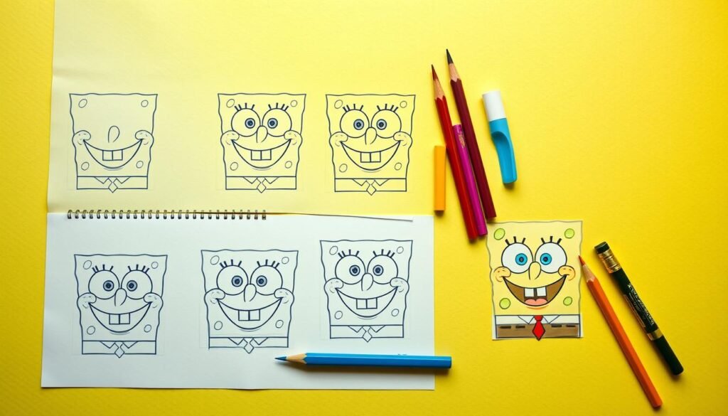 A detailed step-by-step construction process of the iconic cartoon character SpongeBob SquarePants. In the foreground, a series of progressive sketches showcasing the construction of SpongeBob's distinct square shape, expressive eyes, and iconic smile. In the middle ground, various construction tools such as pencils, erasers, and rulers are neatly arranged, highlighting the technical nature of the sketching process. The background features a vibrant, textured paper surface, adding depth and dimension to the scene. The lighting is soft and diffused, creating an inviting, educational atmosphere that encourages the viewer to engage with the step-by-step techniques for sketching SpongeBob. The overall composition is balanced and visually appealing, guiding the viewer through the process of bringing this beloved cartoon character to life.