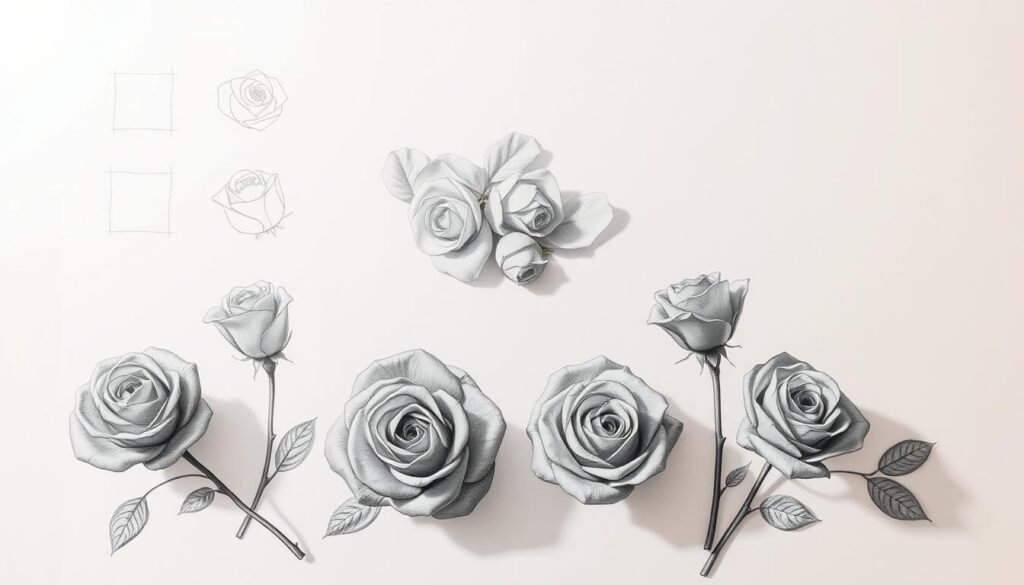 A detailed step-by-step guide for drawing roses, showcased in a realistic, finely-textured graphite sketch. The foreground features a series of five roses in various stages of the drawing process, from initial sketches to fully rendered blooms. The middle ground depicts a collection of rose petals and stems, providing reference material. The background is a clean, minimalist white surface, allowing the rose drawings to be the focal point. Warm, directional lighting casts subtle shadows, accentuating the dimensionality and textures of the graphite. The overall atmosphere evokes a sense of artistic instruction, inviting the viewer to learn the technique of rose illustration.