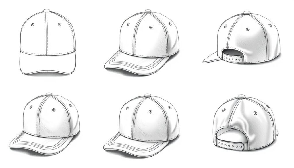 A detailed, step-by-step guide of a baseball cap drawn in a realistic style. The cap is shown from multiple angles, with clear views of the front, side, and back. The design features intricate stitching, a curved brim, and a snapback closure. The lighting is soft and diffused, creating subtle shadows that enhance the three-dimensional form. The background is a simple, neutral tone that allows the cap to be the central focus. The overall mood is informative and instructional, suited for an educational article on drawing hats for beginners.