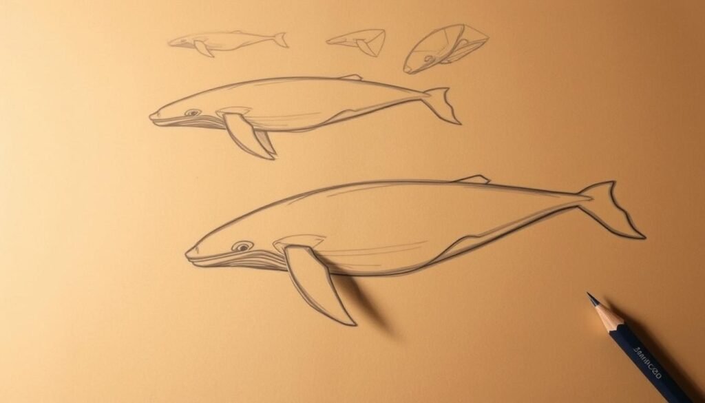 A detailed step-by-step guide on how to draw a realistic whale, rendered in a classic sketchbook style. The foreground features a graceful whale silhouette, with subtle pencil strokes capturing its fluid movements. The middle ground showcases a series of sequential sketches, demonstrating the construction of the whale's form through simple geometric shapes. The background is a warm, textured paper backdrop, providing a natural, organic feel. Soft directional lighting casts gentle shadows, accentuating the 3D form. The overall composition conveys a sense of artistic instruction, guiding the viewer through the process of rendering a lifelike whale drawing.