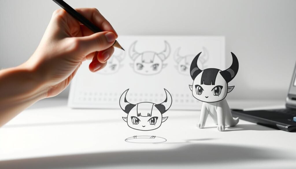 A detailed, step-by-step guide showing the iconic Kuromi character being drawn. In the foreground, a hand skillfully guides a pencil, tracing the distinctive features - the round head, piercing eyes, and signature horns. The middle ground showcases the evolving illustration, with each stroke building the mischievous expression. In the background, a clean, minimalist workspace provides a serene setting, allowing the viewer to focus on the creative process. Soft, diffused lighting casts gentle shadows, enhancing the sense of depth and dimensionality. The overall mood is one of focus, precision, and the joy of artistic expression.