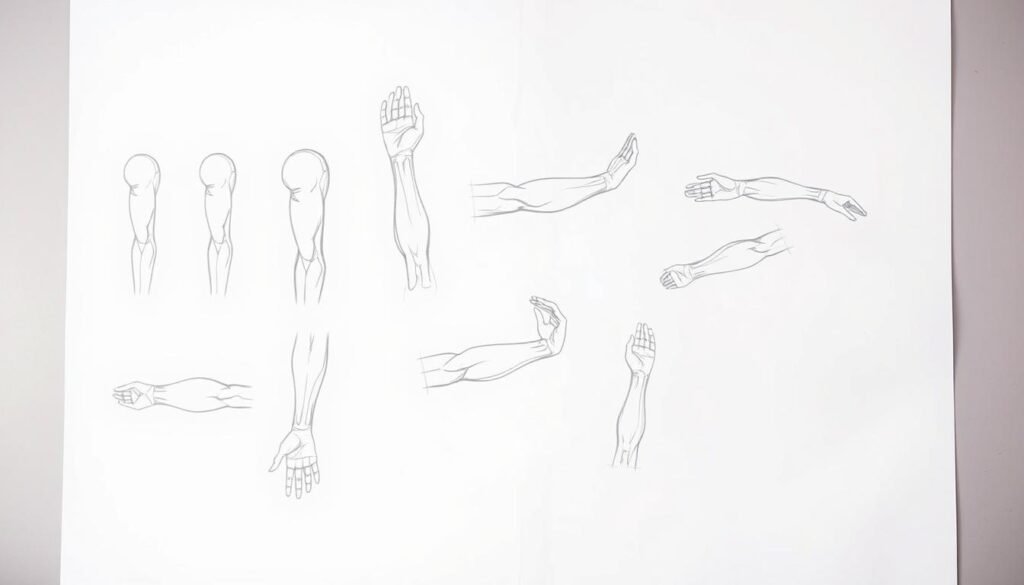 A detailed step-by-step guide to drawing human arms, featuring a clean white background and a soft, warm lighting setup. In the foreground, a series of progressive sketches illustrate the construction of an arm, starting with basic shapes and proportions, and gradually adding details like bones, muscles, and joints. In the middle ground, a dynamic hand-drawn illustration showcases the various angles and positions of the arm, highlighting the flexibility and movement. The background subtly fades into a neutral gray, allowing the focus to remain on the instructional drawings.