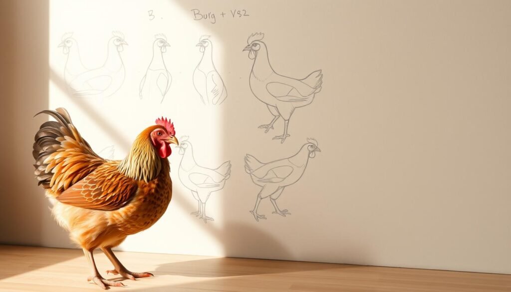 A detailed step-by-step guide to mastering the art of drawing poultry. In the foreground, a realistic chicken with intricate feather textures, posed in a natural, dynamic stance. In the middle ground, a series of sketches demonstrating the construction of the bird's form, from basic shapes to refined contours. The background features a neutral, lightly textured surface, allowing the subject to take center stage. Warm, natural lighting casts gentle shadows, accentuating the three-dimensional forms. The overall composition conveys a sense of instructional clarity and artistic mastery, guiding the viewer through the process of rendering poultry with precision and finesse.