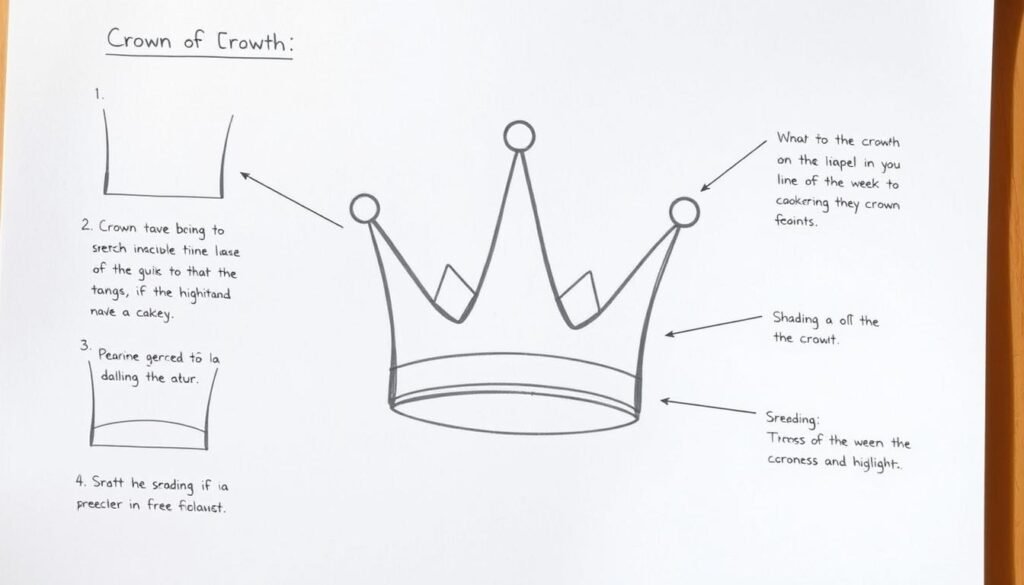 A detailed step-by-step illustration of a crown drawing, in a minimalist, technical style. The image shows a crown in the center, with clear and concise step-by-step instructions on how to sketch it, using simple line drawings, shading, and highlights to demonstrate the process. The crown is depicted in a neutral, light-colored background, allowing the focus to be on the drawing steps. The lighting is soft and diffused, creating a clean, educational atmosphere. The camera angle is slightly tilted, providing a clear view of the crown and the step-by-step instructions surrounding it.