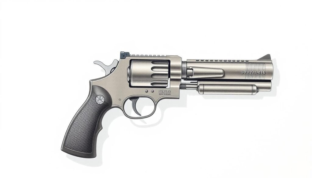 A detailed, step-by-step process of drawing a gun, showcased in a clean, technical illustration. The gun components are meticulously rendered against a plain, off-white backdrop, allowing the focus to be on the drawing technique. Soft, even lighting illuminates the scene, with a slight angle to create depth and highlights the 3D form. The perspective is a three-quarter view, giving a clear view of the gun's structure. The illustration should convey a sense of instructional clarity and precision, without distracting elements, to effectively guide the viewer through the drawing process.