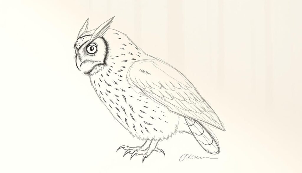 A detailed, step-by-step sketch of an owl in a warm, natural light. The foreground shows the owl's head in profile, with a precise outline of the beak, eyes, and distinctive feather patterns. The middle ground reveals the owl's torso, wings, and talons, with careful shading to define the form. The background depicts a softly blurred forest scene, hinting at the owl's habitat. The overall mood is one of focused study, with a clean, technical approach to capturing the essential features of this majestic bird of prey. The lighting is diffused and slightly directional, creating subtle shadows that accentuate the three-dimensional structure. The perspective is set at a slight angle, allowing the viewer to appreciate the owl's distinctive silhouette.