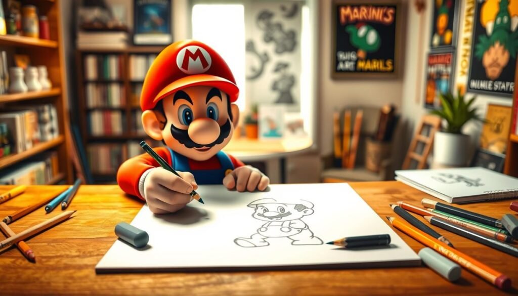 A detailed step-by-step tutorial for drawing Mario, the iconic video game character. A warm, well-lit scene with Mario sketching on a wooden tabletop, surrounded by various drawing supplies like pencils, erasers, and a sketchpad. The foreground shows Mario's hands holding a pencil, carefully outlining the character's distinctive features - the mustache, cap, and overalls. In the middle ground, Mario's face is visible, brows furrowed in concentration. The background depicts a cozy, inviting studio setting with shelves of art books and inspirational posters on the walls. The overall atmosphere conveys a sense of instructional guidance and creative focus, perfect for a beginner's guide to drawing Mario.