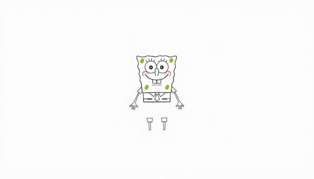 A detailed step-by-step tutorial for drawing the iconic SpongeBob SquarePants character. The foreground depicts the character's head in various sequential stages, with a clean, minimalist white background. The middle ground shows the full body in a simple, cartoon-like style. The background is a soft, pastel gradient, creating a warm, inviting atmosphere. The lighting is soft and diffused, with a slight edge highlighting the character's features. The overall composition is balanced and centered, guiding the viewer's eye through the tutorial steps. The illustration has a hand-drawn, sketchbook-like quality, reflecting the tutorial's educational purpose.