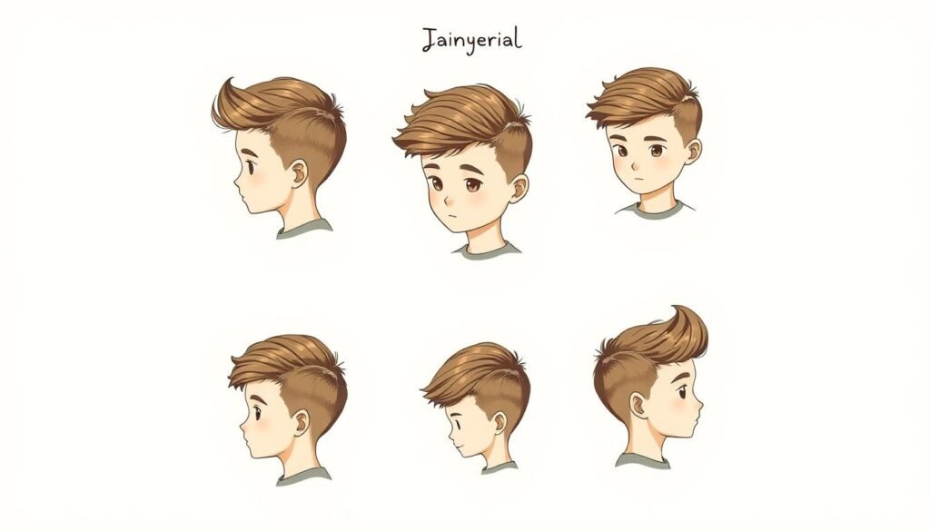 A detailed, step-by-step tutorial of a young boy's hairstyle. Crisp, high-resolution illustration showcasing the various stages of the hairstyle, from basic shaping to final styling. Soft, warm lighting illuminates the model's features, creating depth and dimension. The illustration is framed in a clean, minimalist layout, focusing the viewer's attention on the hairstyle tutorial. Rendered in a classic, hand-drawn style that complements the educational nature of the subject matter. Subtle, muted color palette allows the linework and values to take precedence. The resulting image should clearly communicate the hairstyle tutorial in an engaging, instructional manner.