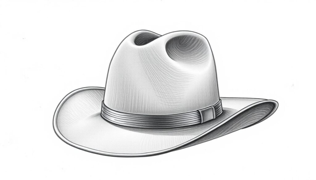 A detailed, step-by-step tutorial on how to draw a classic cowboy hat. The image shows the hat in the foreground, with a neutral, textured background. The hat is positioned in 3/4 view, allowing for a clear perspective on the brim, crown, and band. The lighting is soft and diffused, creating subtle shadows that accentuate the hat's structure and materials. The overall mood is informative and instructional, capturing the essence of a technical drawing meant to guide the viewer through the drawing process.