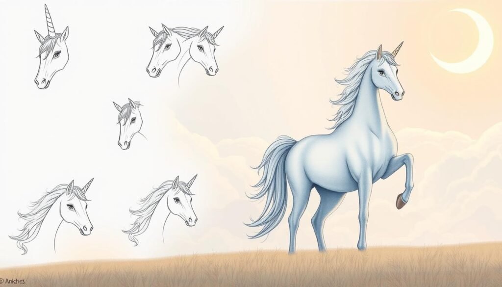 A detailed step-by-step unicorn drawing tutorial with clear sketching instructions, showcasing the process of creating a majestic, fantasy-inspired artwork. The foreground depicts a unicorn's head in various stages of construction, from simple line sketches to more refined, shaded drawings. The middle ground features a full-body unicorn silhouette, demonstrating the proportions and body shape. In the background, a soft, ethereal landscape with swirling clouds and a glowing, crescent moon sets the magical, whimsical atmosphere. The lighting is warm and dreamlike, with gentle highlights and shadows accentuating the form and texture of the unicorn. The overall composition guides the viewer through the step-by-step journey of mastering the art of drawing this captivating mythical creature.