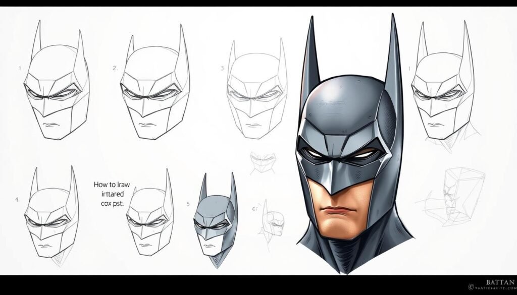 A detailed step-by-step visual guide on how to draw the iconic Batman head mask. Close-up view of the mask's distinct angular features, with clear emphasis on the brow, eyes, nose, and pointed ears. Rendered in a realistic, comic-book style with subtle textures, dynamic lighting and shadows to showcase the mask's contours and depth. Foreground focuses on the construction of the mask, with middle ground displaying the various stages and sketches. Background has a simple, muted tone to keep the focus on the mask-drawing process.