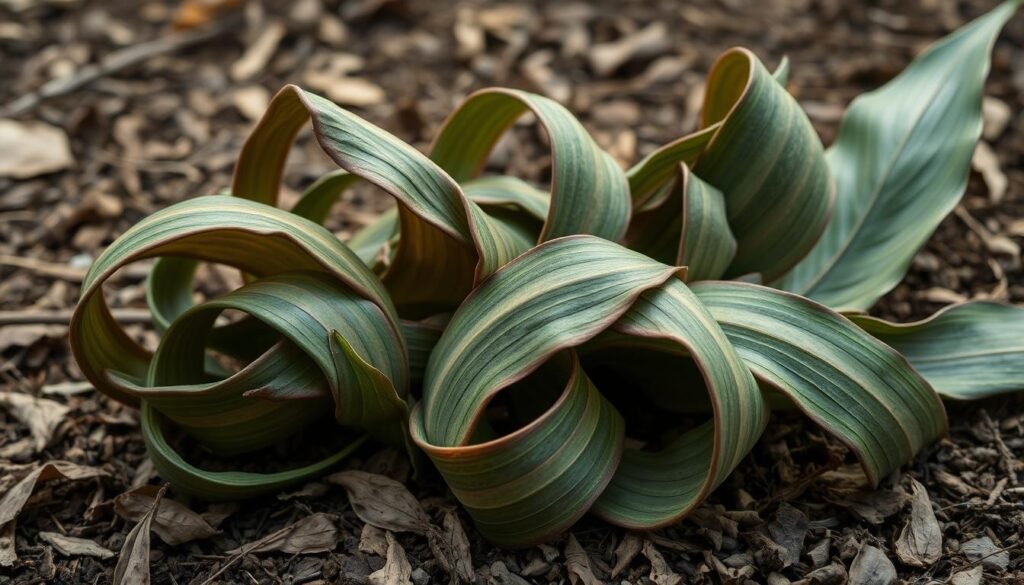 A detailed still-life study of twisted, organic leaf shapes in a natural, earthy setting. The leaves are meticulously folded, curled, and contorted, capturing their intricate textures and dynamic forms. Soft, directional lighting accentuates the shadows and highlights, creating a sense of depth and dimensionality. The composition is carefully balanced, with the leaves arranged in a visually compelling arrangement that draws the eye. The overall mood is serene and contemplative, inviting the viewer to closely examine the beauty and complexity of these natural botanical forms.