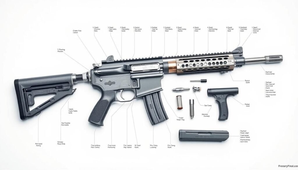 A detailed, technical diagram of gun anatomy, showcasing the key components. A crisp, high-resolution image with a clean, minimalist layout. The components are presented with precision and clarity, emphasizing their form and function. Subtle lighting from the side highlights the textures and contours, creating depth and dimension. The layout is well-organized, with the parts labeled and arranged in a logical, easy-to-understand manner. The overall mood is informative and educational, conveying a sense of technical expertise and attention to detail.
