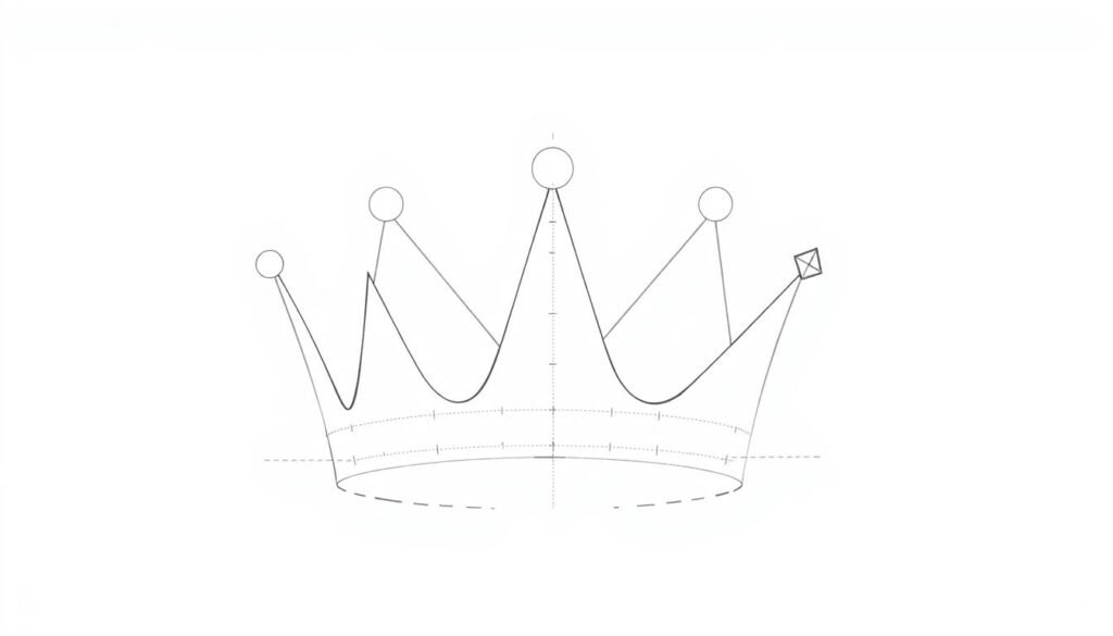 A detailed technical diagram showcasing the basic shapes and guidelines for drawing a crown. A clean, minimalist composition against a light grey background. The foreground features geometric shapes like circles, triangles, and rectangles, arranged to illustrate the fundamental structure of a crown. Crisp, precise linework in a neutral palette, with subtle shadows and highlights to emphasize the 3D form. The middle ground contains faint gridlines and construction guidelines, providing a clear visual reference for proportions and placement. The overall mood is informative, educational, and visually appealing to aspiring artists.