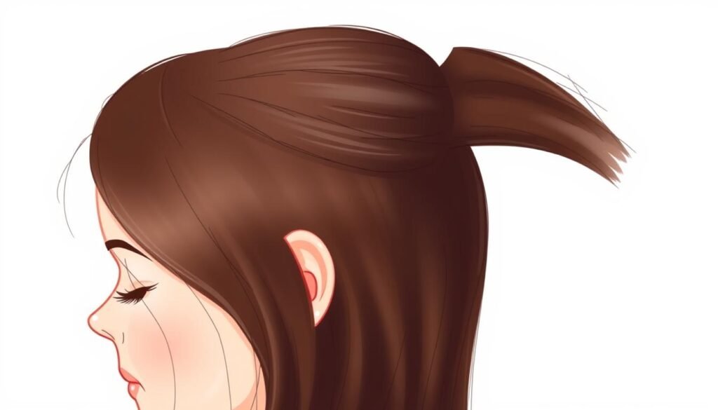 A detailed tutorial illustration depicting the essential steps for drawing realistic hair shapes. A close-up view of a person's head from the side, showcasing the key elements of hair structure - the crown, cowlick, hairline, and ends. Smooth, soft lighting illuminates the subject, creating defined shadows and highlights that accentuate the hair's volume, flow, and texture. The background is minimalist, allowing the hair drawing techniques to be the central focus. The image conveys a sense of educational clarity and visual guidance, suitable for inclusion in an instructional article on effortless hair drawing methods.