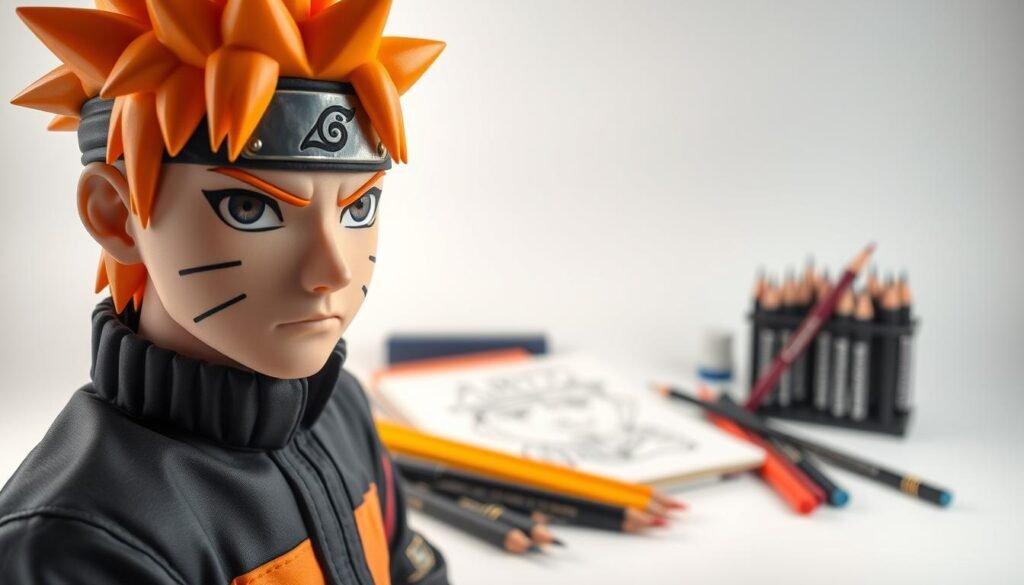 A detailed tutorial on coloring a Naruto character, showcased in a well-lit studio setting. In the foreground, a Naruto figure with distinct facial features, vibrant hair, and a determined expression is positioned prominently. The middle ground features a range of coloring tools, including high-quality colored pencils, markers, and a sketchpad, suggesting a step-by-step coloring process. The background is clean and minimalist, allowing the focal points to shine. The overall atmosphere is one of focus, creativity, and a deep understanding of the character's essence, capturing the essence of "Mastering Shading and Coloring" for Naruto artwork.