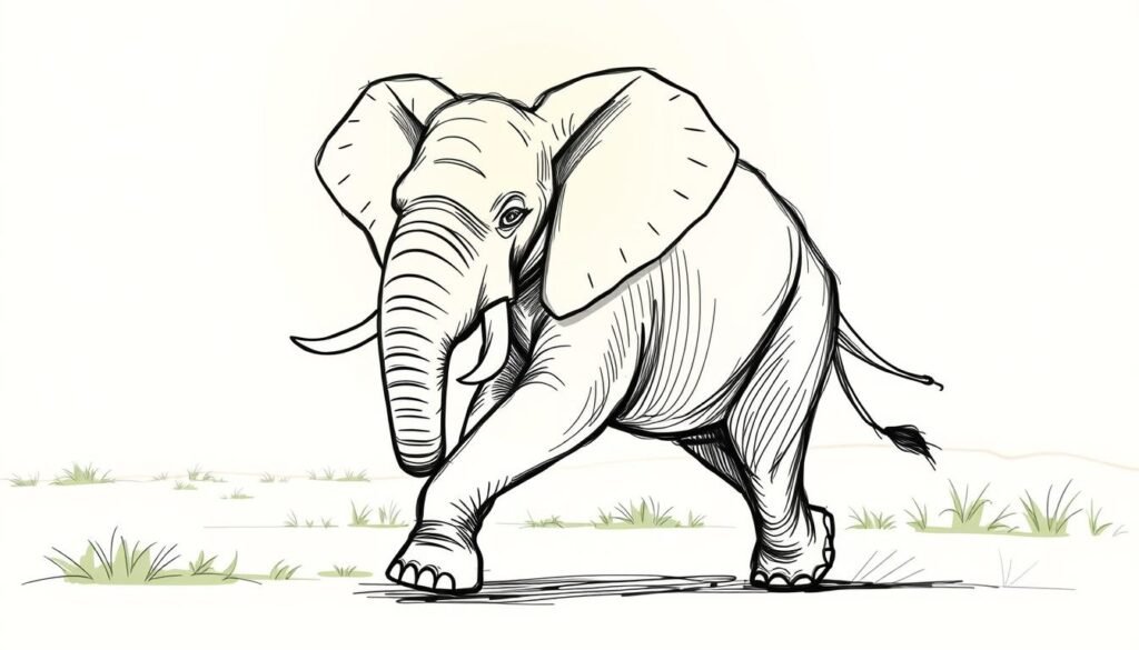 A digital sketch of a graceful, time-saving elephant, drawn with clean, bold lines and a dynamic, expressive pose. The elephant is positioned in the foreground, its large ears flapping, trunk curled, and eyes focused, conveying a sense of efficiency and speed. The background features a minimalist, slightly blurred landscape, with hints of lush greenery and a warm, diffused lighting that casts a soft, flattering glow on the subject. The overall composition is balanced and visually engaging, showcasing the elephant's unique anatomy and movement in a stylized, illustrative manner.