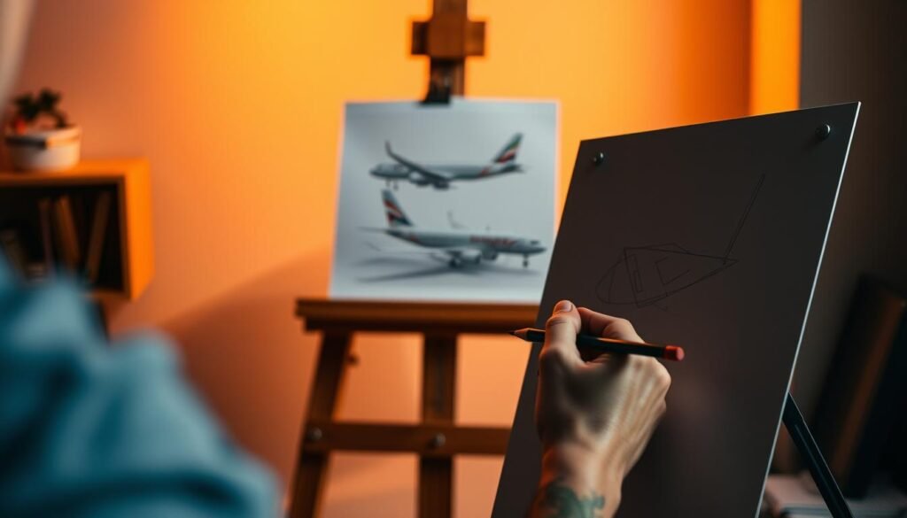 A dimly lit studio space, with an easel in the foreground displaying a partially completed airplane sketch. The artist's hands, holding pencils and erasers, are visible, showcasing the process of troubleshooting and refining the drawing. In the middle ground, a reference image of an actual airplane is propped up, providing guidance. The background is softly blurred, creating a focused, introspective atmosphere. Warm studio lighting casts subtle shadows, highlighting the artist's thoughtful concentration. The overall scene conveys the journey of improving one's airplane drawing skills through careful observation, correction, and iterative refinement.