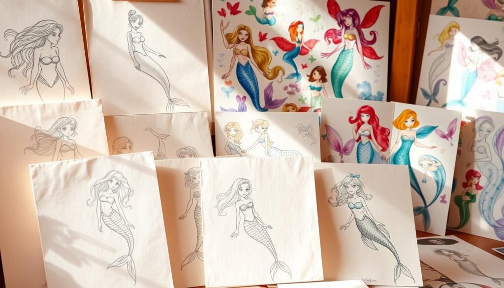 A diverse ensemble of mermaid drawings, each with its own captivating style and whimsical flair. In the foreground, delicate pencil sketches depict the mythical creature in various poses, showcasing its graceful form and flowing locks. In the middle ground, vibrant watercolor paintings capture the mermaid's enchanting essence, with shimmering scales and iridescent fins. The background features a playful collage of digital illustrations, blending fantasy and realism to create a mesmerizing tapestry of mermaid interpretations. Warm, natural lighting bathes the scene, evoking a sense of wonder and enchantment. The overall composition invites the viewer to explore the rich diversity of artistic approaches to this timeless, magical subject.