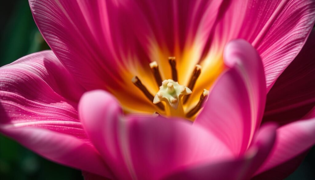 A dramatic close-up view of a vibrant tulip flower, its petals unfurling with intricate, lifelike detail. The lighting is soft and diffused, casting gentle shadows that accentuate the delicate textures and intricate veining of the petals. The composition is slightly angled, creating a sense of depth and drawing the viewer's eye towards the captivating center of the bloom. The background is slightly blurred, allowing the tulip to be the focal point, showcasing the advanced techniques used to capture its beauty and complexity.